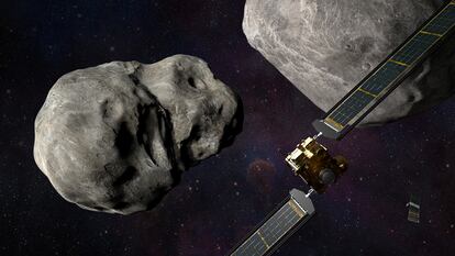 An illustration of NASA’s DART spacecraft and the Italian Space Agency’s (ASI) LICIACube prior to impact at the Didymos binary system. NASA/Johns Hopkins APL/Steve Gribben/Handout via REUTERS THIS IMAGE HAS BEEN SUPPLIED BY A THIRD PARTY. IT IS DISTRIBUTED, EXACTLY AS RECEIVED BY REUTERS, AS A SERVICE TO CLIENTS