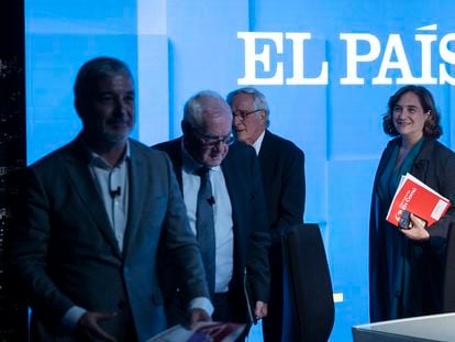 Jaume Collboni, Ernest Maragall, Xavier Trias y Ada Colau, a comienzos de mayo, después del debate de candidatos por Barcelona organizado por El País y SER Catalunya.