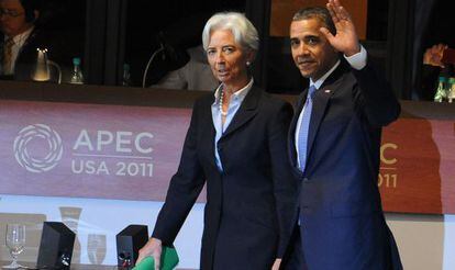 Obama y la directora del FMI, Christine Lagarde, hoy en la cumbre de la APEC