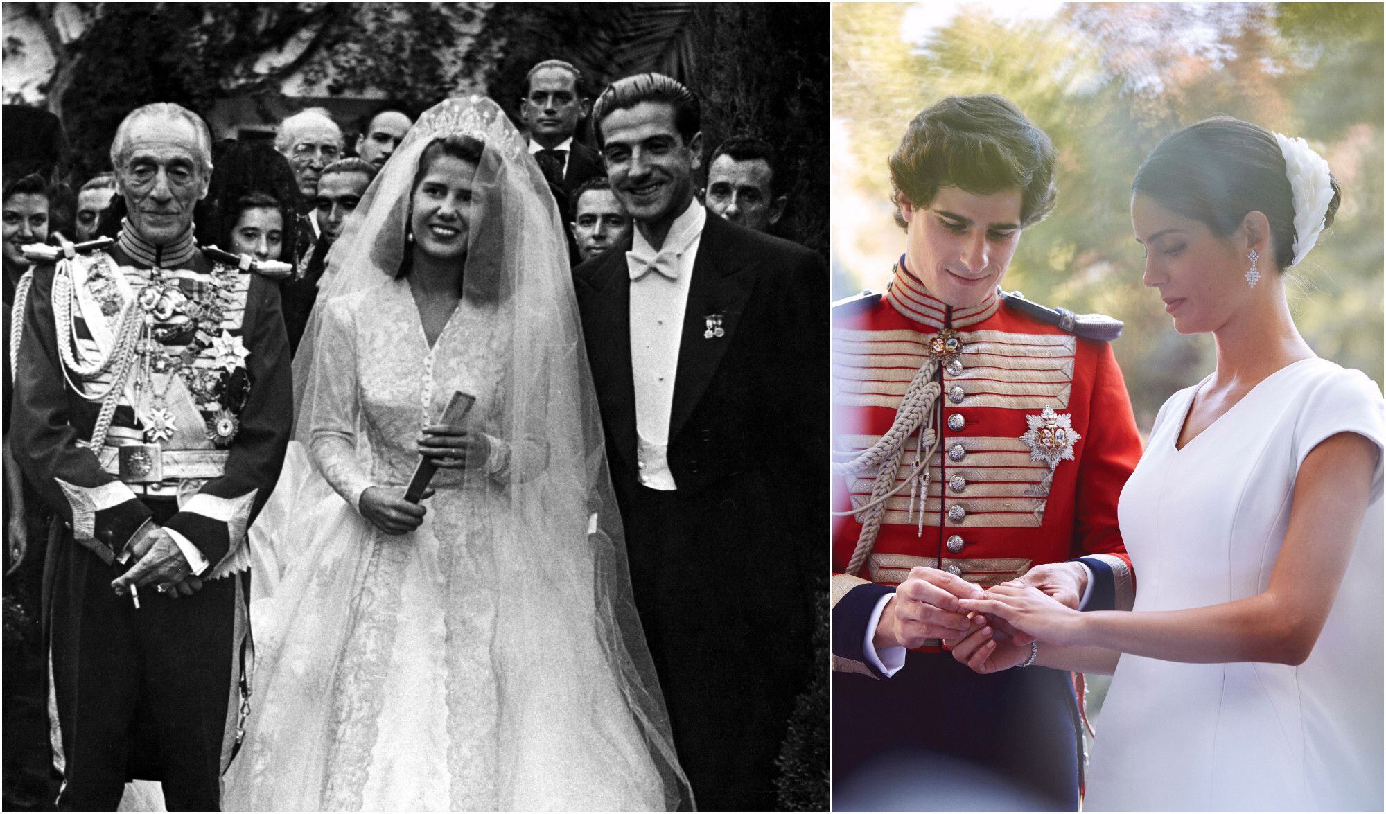 A la izquierda, el duque de Alba (izquierda) con su hija Cayetana Fitz-James Stuart, a los 21 años, y su nuevo marido don Luis Martínez de Irujo, de 27 años, saliendo de la ceremonia en la Catedral de Sevilla el 12 de octubre de 1947. A la derecha, Fernando Fitz-James Stuart y Sofía Palazuelo en su boda el 6 de octubre de 2018 en Madrid.