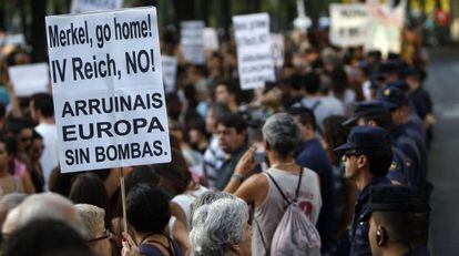 Protesta de indignados por la visita de Angela Merkel a Madrid el pasado 6 de septiembre. 