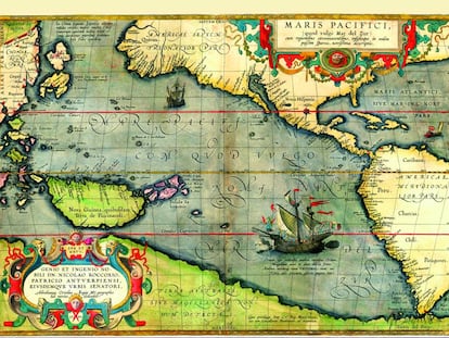 Descripción del Pacífico (con la nao Victoria de Magallanes) en un grabado de Abraham Ortelius, del siglo XVI.