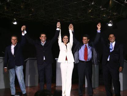 Los cinco precandidatos de la oposici&oacute;n venezolana.
