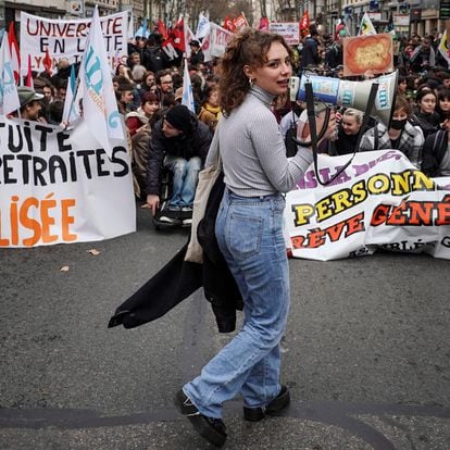 Students shout slogans during a protest in Lyon, central France, Thursday, March 9, 2023. Young people in France — including some who haven't even entered the job market yet — are protesting against the government's push to raise the retirement age. (AP Photo/Laurent Cipriani)