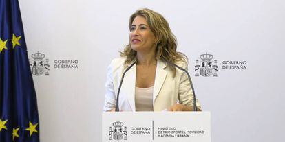 La ministra de Transportes, Raquel Sánchez, durante su comparecencia de esta tarde ante los medios.