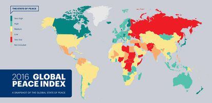 Clasificación de los países en función de su nivel de paz.