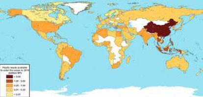 Mapa de los países analizados, cuanto más oscuro el color, más plástico envían al mar.