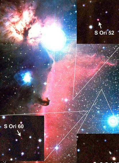 El Cúmulo de Sigma Orionis, en Orión, donde se han identificado numerosas enanas marrones. Los recuadros muestran tres objetos aislados de masa planetaria de entre 15 y 5 masas de Júpiter.
