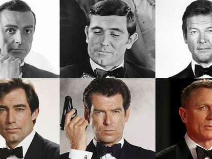 Los actores que han interpretado a James Bond, en la fila de arriba, desde la izquierda, Sean Connery, George Lazenby y Roger Moore. En la fila de abajo, Timothy Dalton, Pierce Brosnan y Daniel Craig