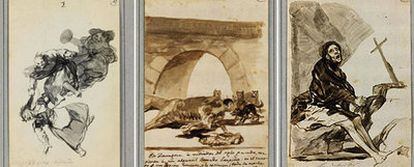 De izquierda a derecha, <i>Bajar riñendo</i>, <i>El aguacil Lampiños cosido dentro de un caballo muerto</i> y <i>Arrepentimiento</i>, dibujos de Goya  de los que no se sabía nada  desde 1877.
