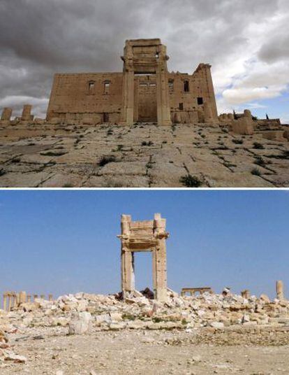 Entrada al templo de Bel. Arriba, en 2014; abajo, el domingo pasado.