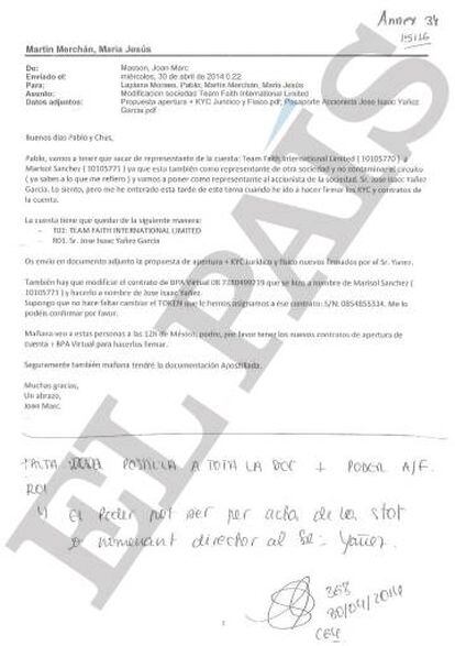 Correo remitido a sus colaboradores por el exempleado de la Banca Privada d'Andorra Joan March Masson el 30 de abril de 2014.