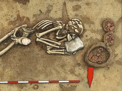 Los neolíticos de la cultura de la cerámica de bandas se asentaron en zonas ricas en suelos fértiles para cultivar hace más de 7.000 años. En la imagen, los restos de un miembro de estos pueblos encontrado en Derenburg, norte de Alemania.