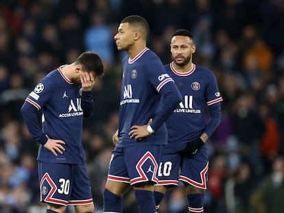 Messi, Mbappé y Neymar, en la Champions League, en el partido frente al Manchester City.