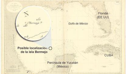 Mapa de 1866 donde est&aacute; se&ntilde;alada la isla Bermeja &quot;Seno mexicano. Hija 1. Parte meridional&quot;.