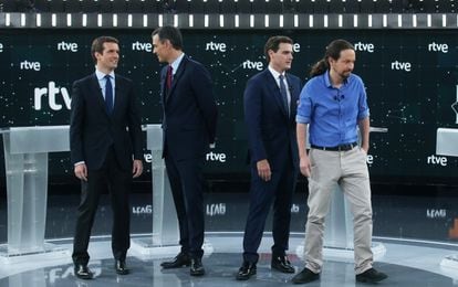 Los principales líderes políticos que aspiran a llegar a la Presidencia del Gobierno tras las elecciones generales, Pablo Casado (PP), Pedro Sánchez (PSOE), Albert Rivera (Cs), y Pablo Iglesias (Unidas Podemos), se preparan para arrancar el debate.