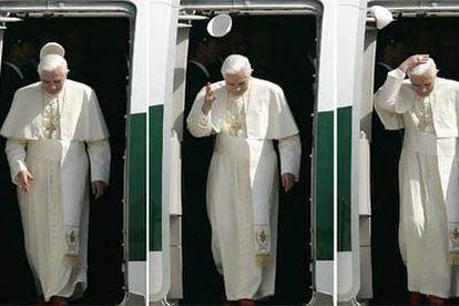 Una secuencia de fotos muestra cómo una ráfaga de viento le arrancaba el bonete al Papa Benedicto XVI a su llegada a Colonia.