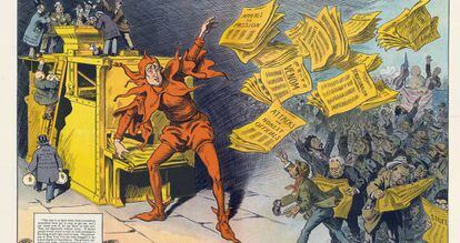 La prensa amarilla, de M. Slackens, en el que se muestra a W. Randolph Hearst como un bufón que reparte periódicos. Publicado por Keppler & Schwarzmann en 1910.