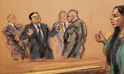 Ilustración del momento en que Coronel y Joaquín 'El Chapo' Guzmán se saludan durante el juicio del narcotráficante en Nueva York, en febrero de 2019.