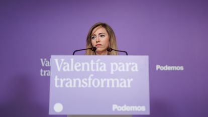 La secretaria de Acción Institucional de Podemos, María Teresa Pérez, este lunes durante la rueda de prensa en la sede del partido (Madrid).