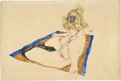 'Modelo desnuda rubia, sentada sobre un paño marrón', 1912