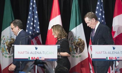 Guajardo, Freeland y Lighthizer, este lunes en Montreal, al t&eacute;rmino de la conferencia de prensa.