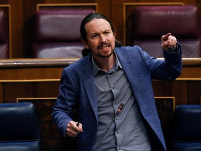 El vicepresidente segundo del Gobierno, Pablo Iglesias, interviene durante el pleno del Congreso, este miércoles.