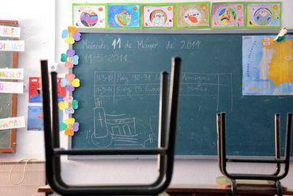 Interior de un colegio que permanece cerrado. En la pizarra aún figura la fecha del terremoto.