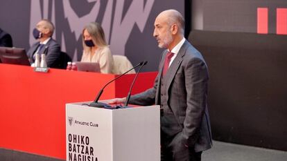 El presidente del Athletic, Aitor Elizegi, este sábado en la Asamblea.