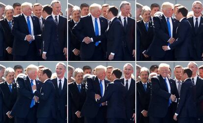 Seqüència d'imatges de l'encaixada entre Macron i Trump abans de fer-se la foto oficial de la cimera del G7.