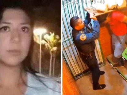 Montserrat Juárez y una captura del video en el que se ve a un policía y dos personas sacar su cuerpo de un departamento.