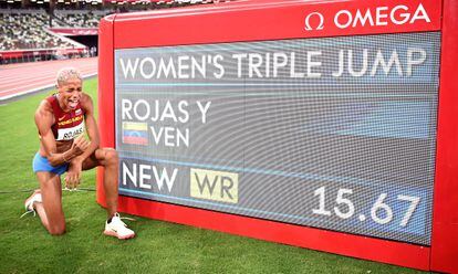 Venezuelan Yulimar Rojas, after breaking the world record for triple jump at the Tokyo Games.
