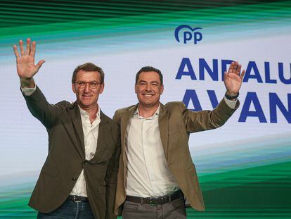 El presidente del PP, Alberto Núñez Feijóo, y el presidente del PP de Andalucía y candidato a la Junta, Juan Manuel Moreno.