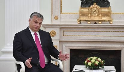 El primer ministro de Hungría, Viktor Orban, durante un encuentro con el presidente ruso, Vladímir Putin, el pasado domingo en Moscú.