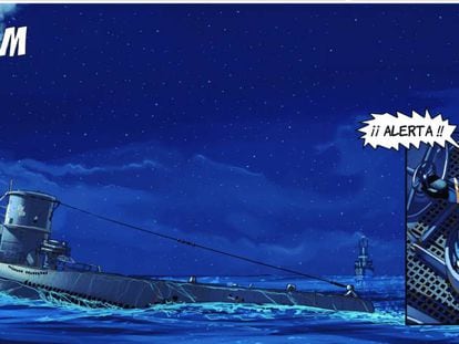 El submarino U-47 atacado por un destructor en una vi&ntilde;eta del &aacute;lbum, dibujado por Gerardo Balsa..