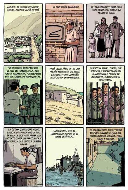 Nuevas viñetas de 'Los surcos del azar' con las que Roca ilustra la correspondencia de Miguel Campos y su esposa y su huida de Marruecos.