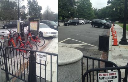 A la izquierda, estación del sistema de bicicleta compartida en la Casa Blanca. A la derecha, ese espacio cuando la base fue retirada