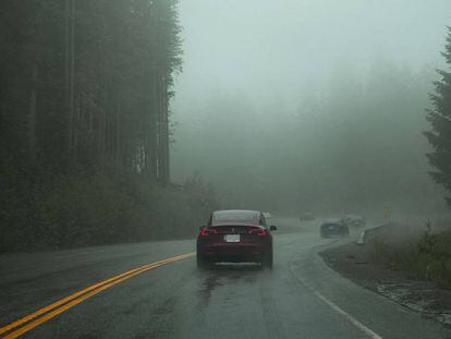 FSD de Tesla por una carretera nublada.