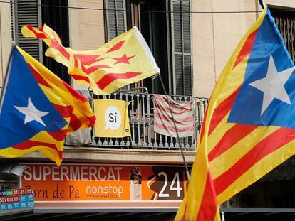 Banderas esteladas, durante la manifestaci&oacute;n del jueves de los estudiantes en Barcelona.