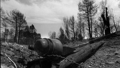 Un poste del tendido el&eacute;ctrico, en la zona donde se produjo el incendio en 1994.