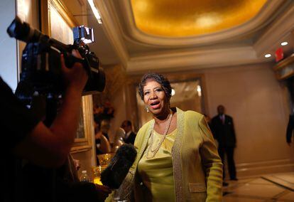 NEW YORK, NY - MARCH 22:  Singer Aretha Franklin speaks to the media at her 72nd Birthday Celebration at the Ritz Carlton on March 22, 2014 in New York City.  (Photo by J. Countess/Getty Images)