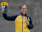 Mariana Pajon of Colombia stands with her silver medal in the BMX Racing finals at the 2020 Summer Olympics, Friday, July 30, 2021, in Tokyo, Japan. (AP Photo/Ben Curtis)