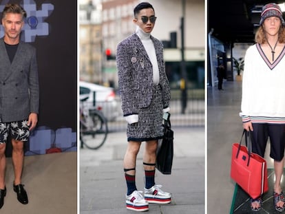 Tres hombres con bermudas de Tommy Hilfiger (izquierda y derecha) y Gucci (centro).