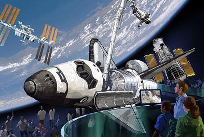 Dibujo de la nueva sala que planea la NASA para albergar el transbordador, en el Centro Espacial Kennedy (Florida), cuando sea retirado de vuelo.