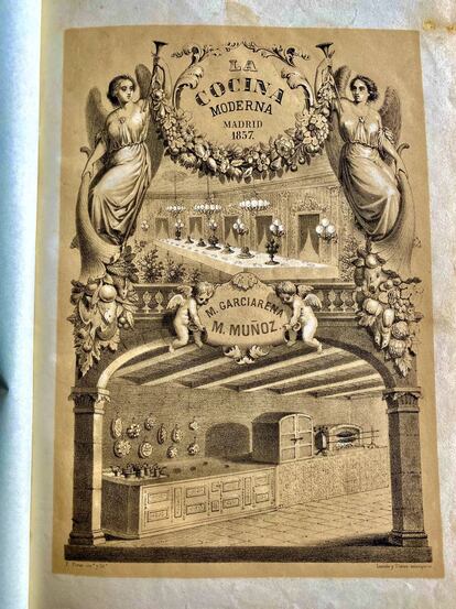 Portada de la obra La Cocina Moderna de los cocineros M. Garciarena y M. Muñoz. J.C. CAPEL