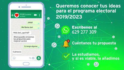 Cartel promocional de la campaña del PSOE de Lucena (Córdoba) que promociona su canal de WhatsApp.