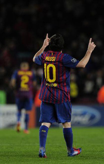 Messi celebra uno de sus goles ante el Bayer.