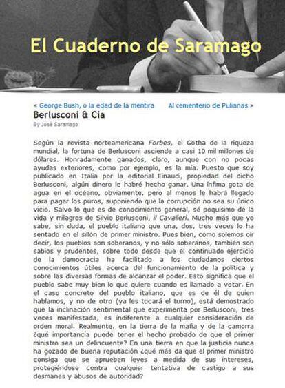 El cuaderno de Saramago, en el que figuran las críticas a Berlusconi.