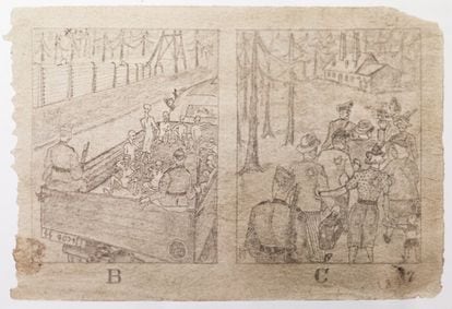 Dibujos del 'Cuaderno de bocetos de Auschwitz' que muestran a los presos conducidos a la cámara de gas.