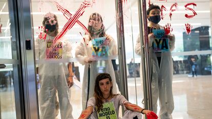 Activistas medioambientales del grupo Extinction Rebllion protestan en las oficinas de la empresa Monsanto, el 13 de mayo de 2022, en Buenos Aires.